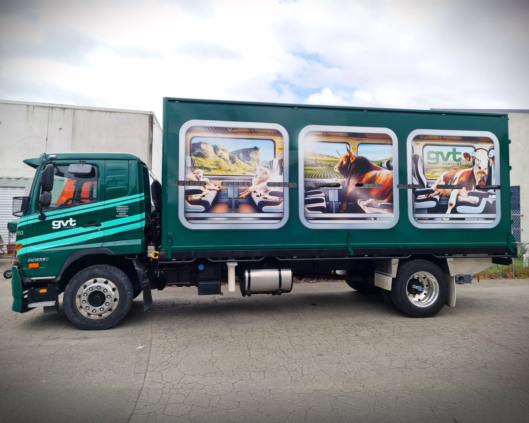 A medium-duty GVT green truck, wrapped and featuring three side panels of custom graphic signage with livestock imagery, by Timaru Signs Graphix.