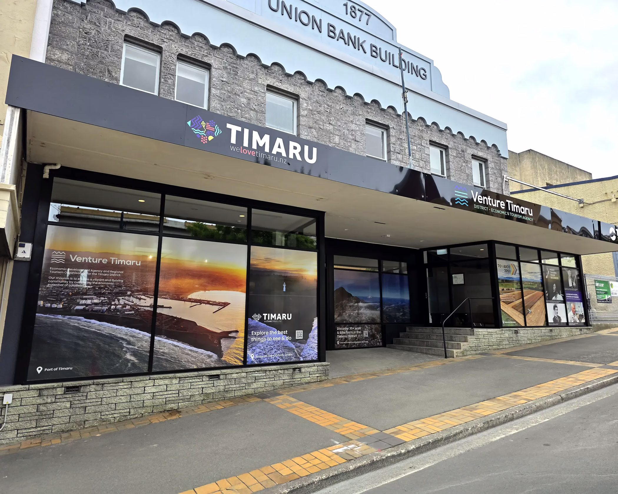 Venture Timaru custom exterior fascia sign and full window graphics in Timaru.