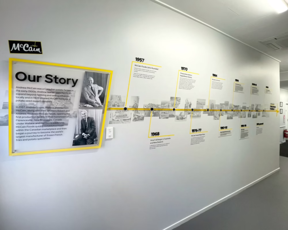 A McCain corporate history wall featuring yellow, black, and white graphics, timelines, and portraits by Timaru Signs Graphix.