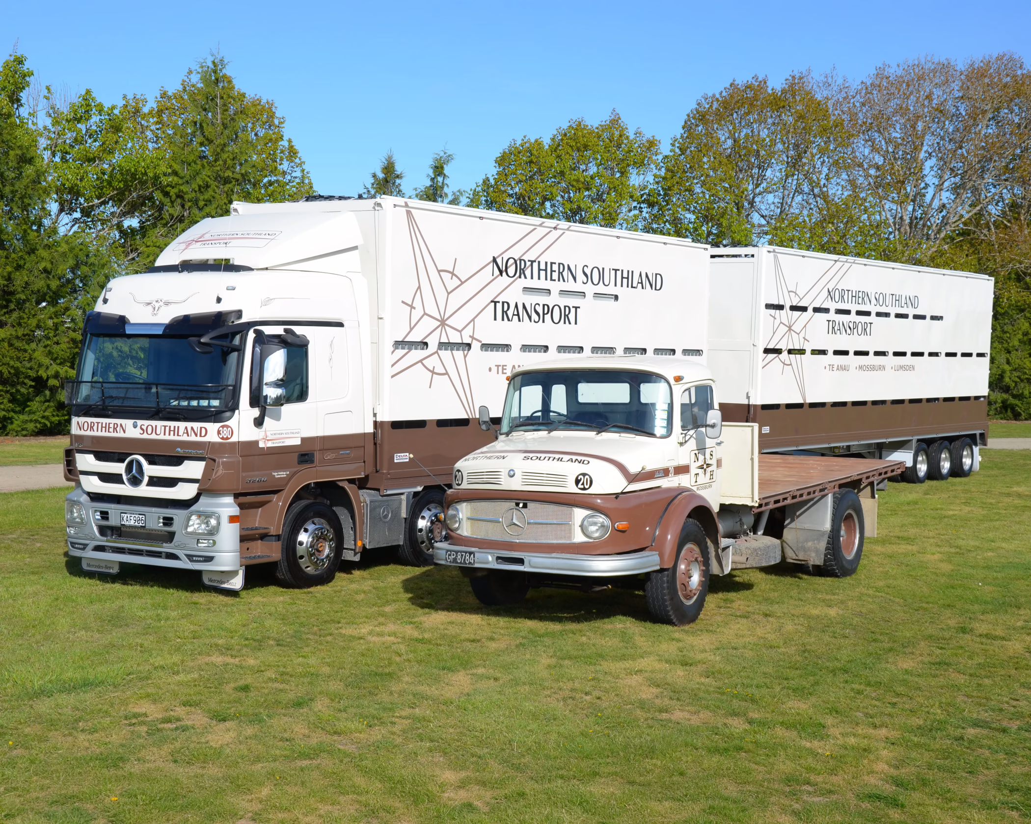 Custom vehicle wrapping for Northern Southland Transport, featuring their fleet-branded Mercedes-Benz trucks with brown and cream livery and graphics.