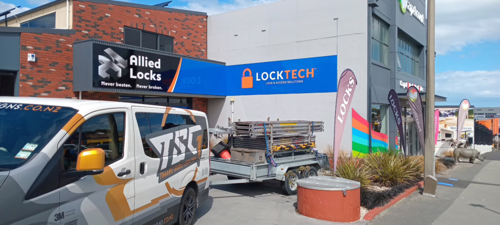 Custom Allied Locks and Locktech building fascia signage.