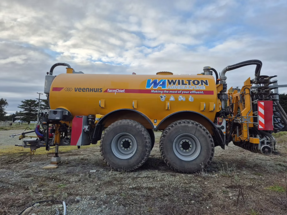 Veenhuis farmChief tanker with full yellow commercial vehicle wrap and Wilton Agriculture branding by Timaru Signs Graphix.