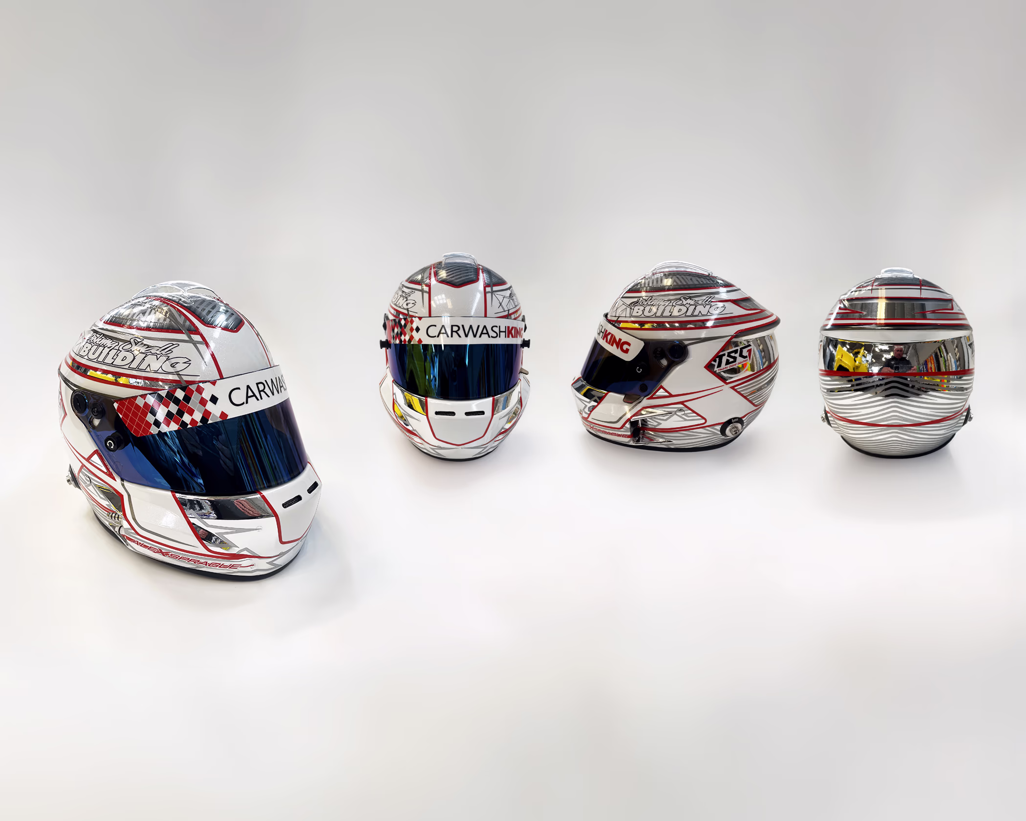 Four views of custom motorsport helmets wrapped with silver, red, and black graphics for Alex Sprague, featuring Carwash King branding by Timaru Signs.