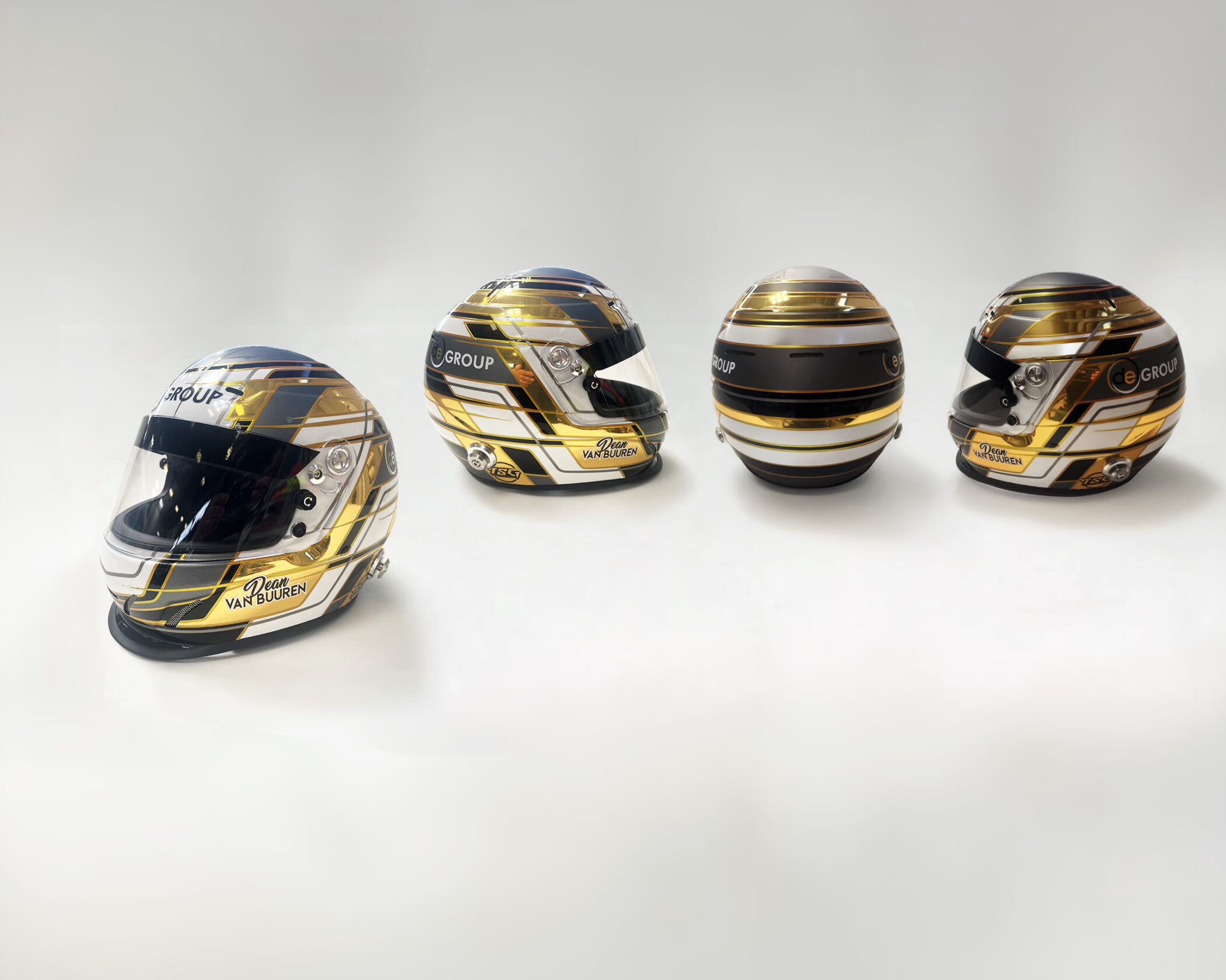 A custom-wrapped racing helmets featuring a striking gold, chrome silver, black, and white design displayed in a line against a plain white background. The helmet showcases "Dean Van Buuren" branding along the lower jaw line and a prominent "GROUP 7" logo on the side.
