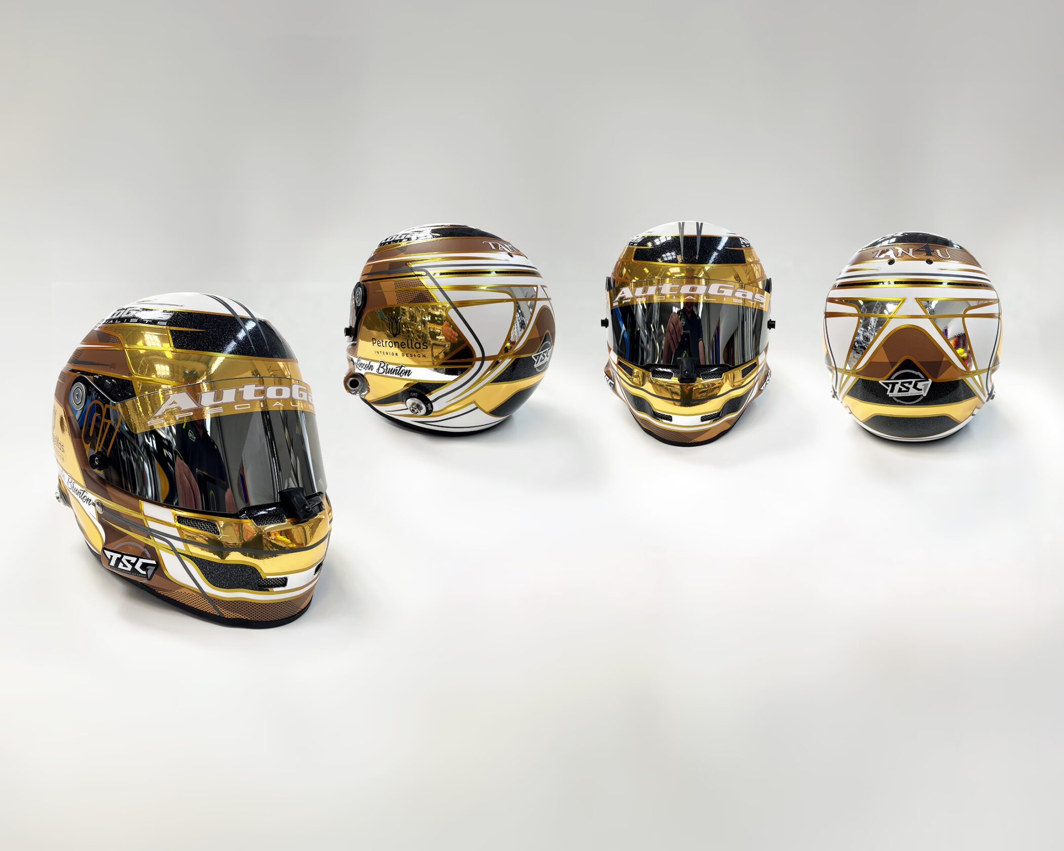 Custom gold and white motorsport racing helmet graphics designed by Timaru Signs Graphix for Lincoln Brunton and AutoGas.