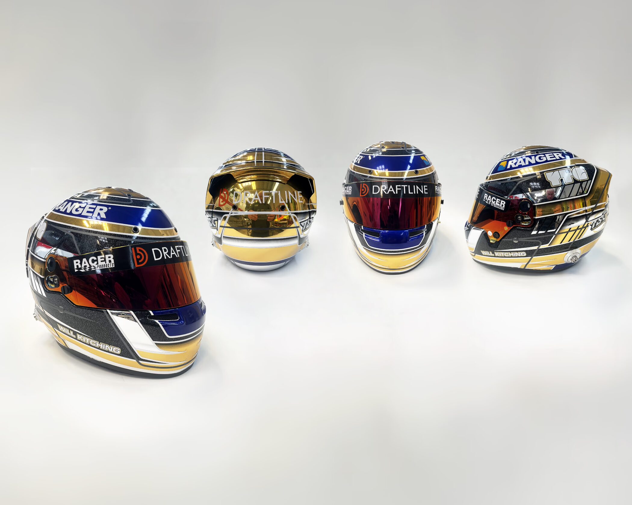 A motorsport helmet featuring gold chrome and blue custom graphics with DRAFTLINE and RANGER logos, by Timaru Signs for Will Kitching